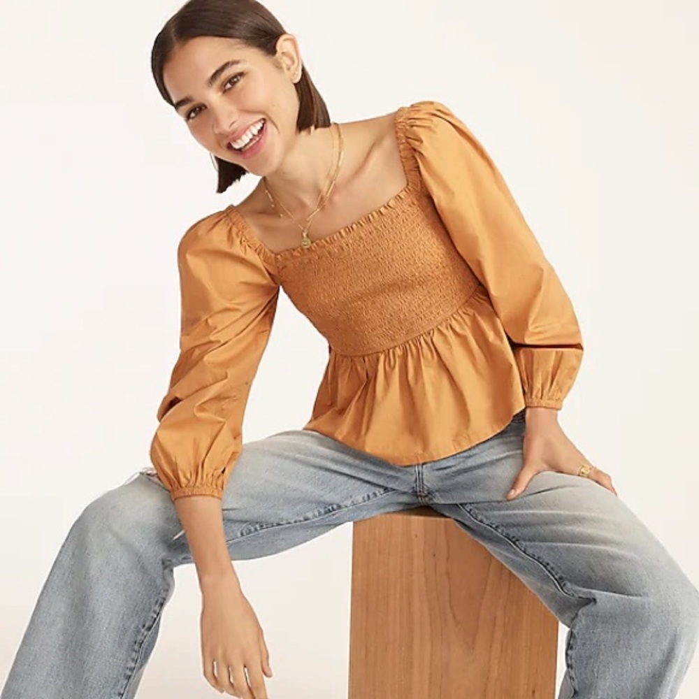 J.Crew • Puff-sleeve smocked cotton poplin top